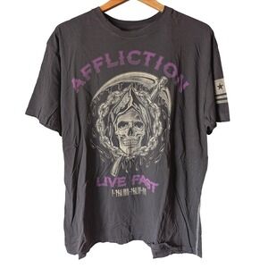 Affliction T-Shirt Mens 2XL Gray Live Fast Skull Reaper Graphic Biker MMA USA